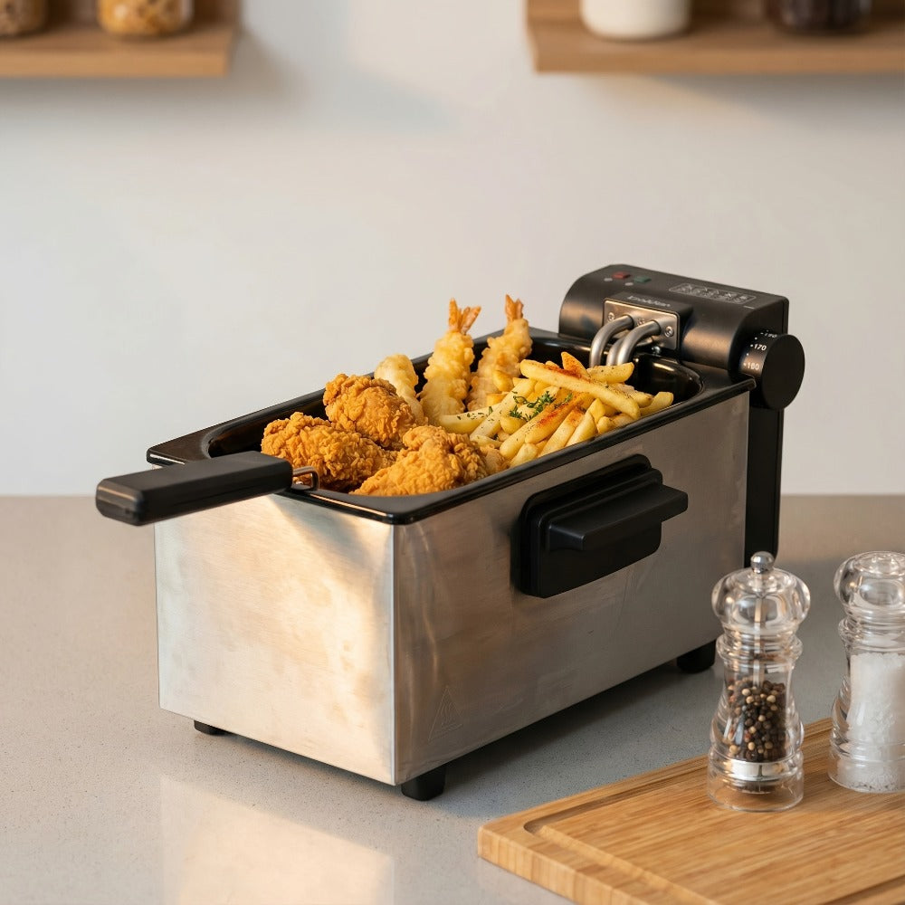 Black Stainless-Steel Deep Fryer with 1.5L to 6L Options, Enamel Inner Pot and Foldable Basket Handle