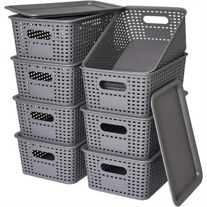 Storage Organizer Bins with Lids 4/8 Pack | Space-Saving Stackable Boxes 10"x7"x4" for Shelves, Closet & Desk - Declutter Bins for Dorm, Playroom & Office with File Organizer Bag, White Black Gray Red