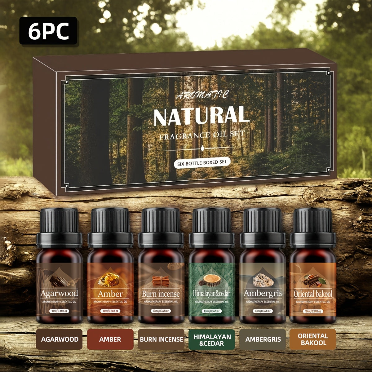 6-Bottle Woody Fragrance Oil Set with Agarwood, Amber, Incense, Cedar, Musk and Other Listed Scent Blends
