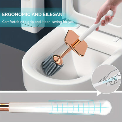 Black TPR Silicone Toilet Brush and Covered Holder Set with 41cm Handle for Bathroom Floor Storage