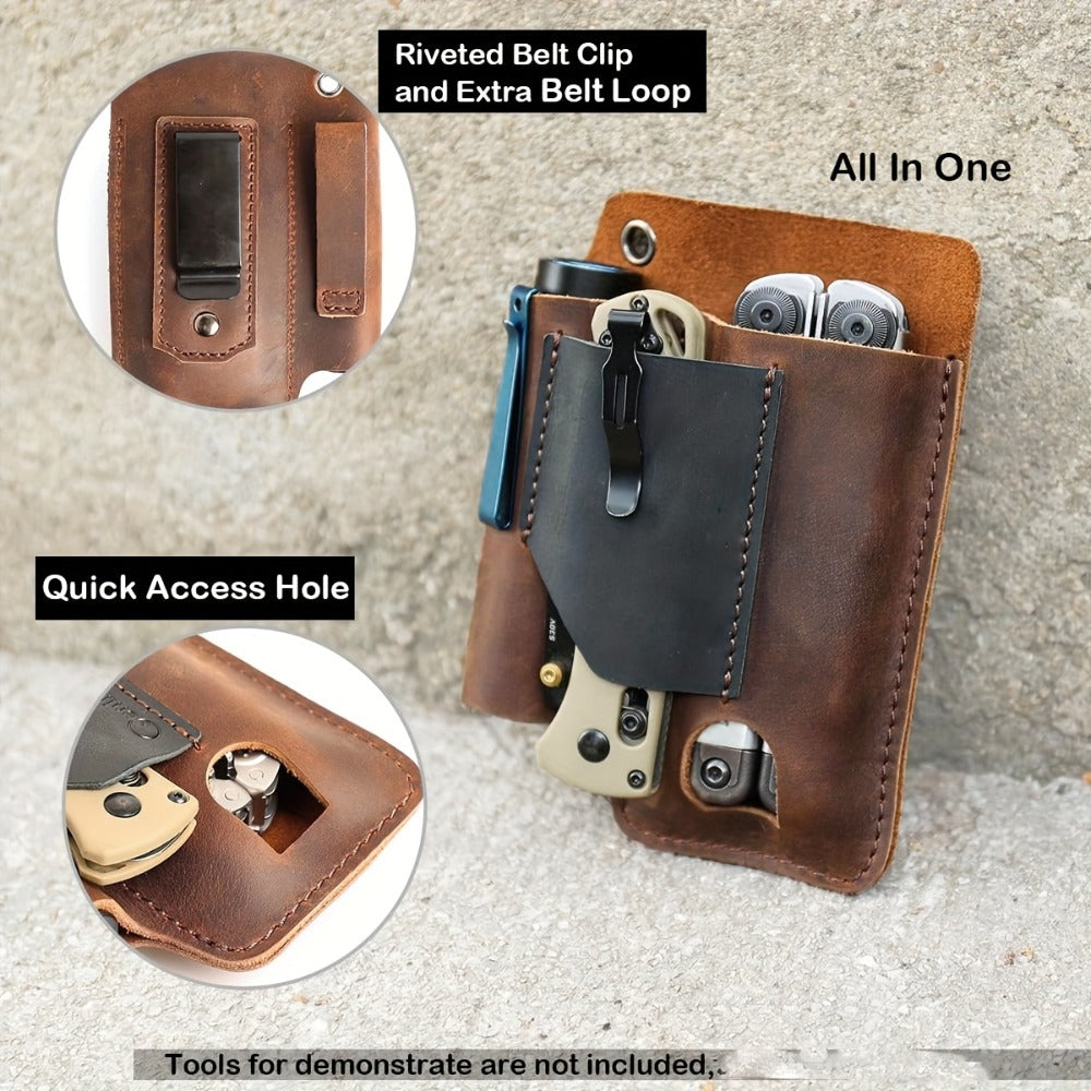 EDC Multitool Belt Holster with Clip, Loop and Pockets for Flashlight and Pen in Black or Brown