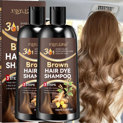 Brown Hair Dye Shampoo 2-Pack 3.38oz — Polygonum Multiflorum & Ginger Extract Covers Gray Hair, Deep Moisture Anti-Frizz Long-Lasting Natural Color, Plant-Based Unisex Hair Gift