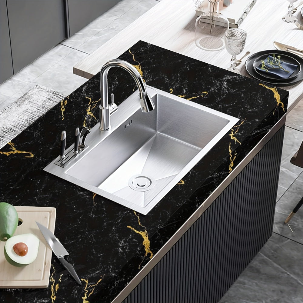 Black Marble Peel-and-Stick Contact Paper, 23.62 by 196.85 Inches, with Gold Vein Pattern for Furniture