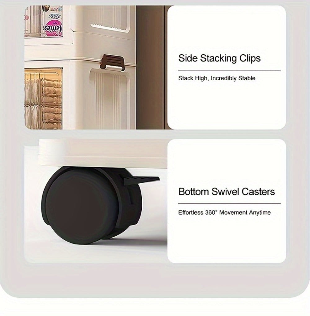 Storage Cabinet Folding Plastic Organizer with Magnetic Doors, Lockable Wheels and Three to Five Tiers