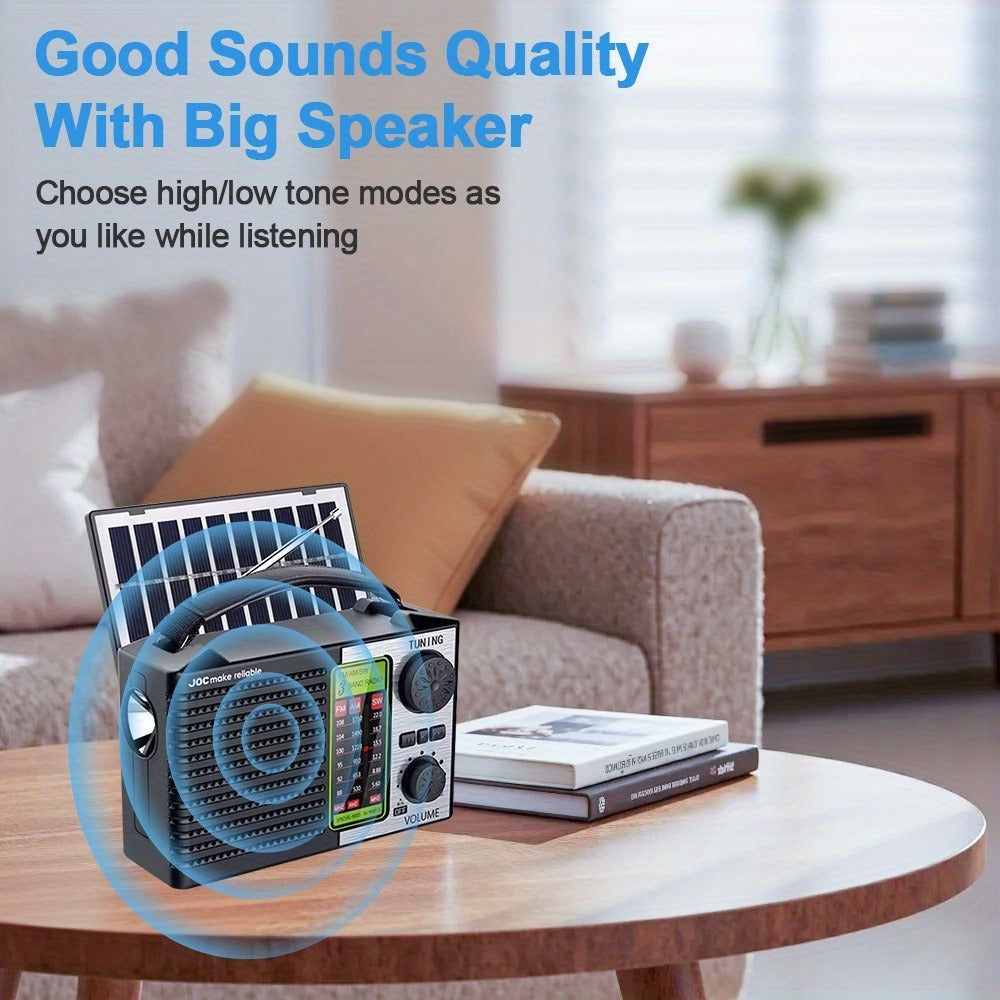 Emergency Solar Hand Crank Radio 5-in-1 with Dual Speaker, FM AM SW VHF, MP3 USB TF Card Player, 180° Foldable Solar Panel