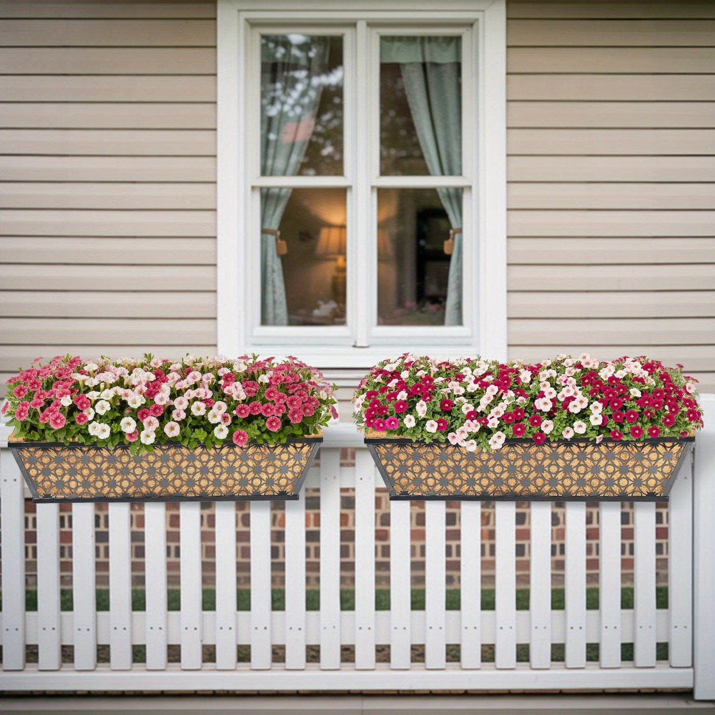 Two-Set Dark Window Box Planter Pair with Pictured Coco-Look Liners and Adjustable Railing Brackets