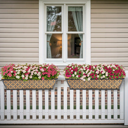 Two-Set Dark Window Box Planter Pair with Pictured Coco-Look Liners and Adjustable Railing Brackets