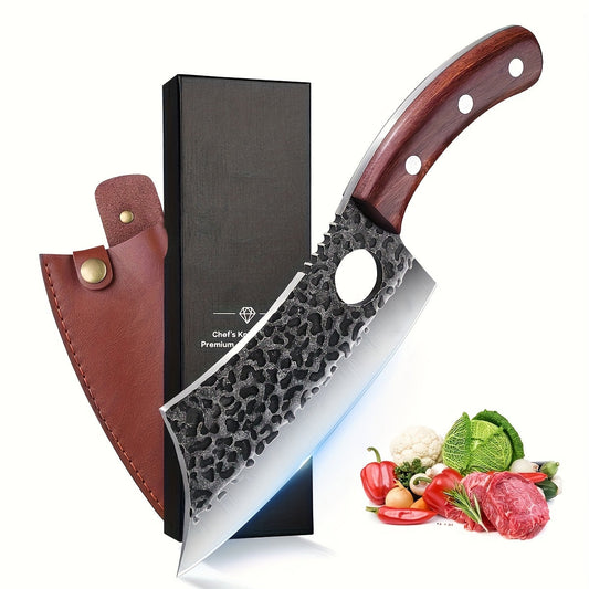 Chef Knife Hand Forged | High-Carbon Steel Viking Cleaver Full Tang Oak Handle with Sheath | BBQ Camping Meat Cutting Kitchen Knife Gift for Men Women
