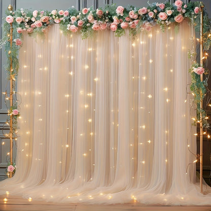 Champagne Tulle Photography Backdrop Set with Two Curtain Panels, USB String Lights and Ten Hooks