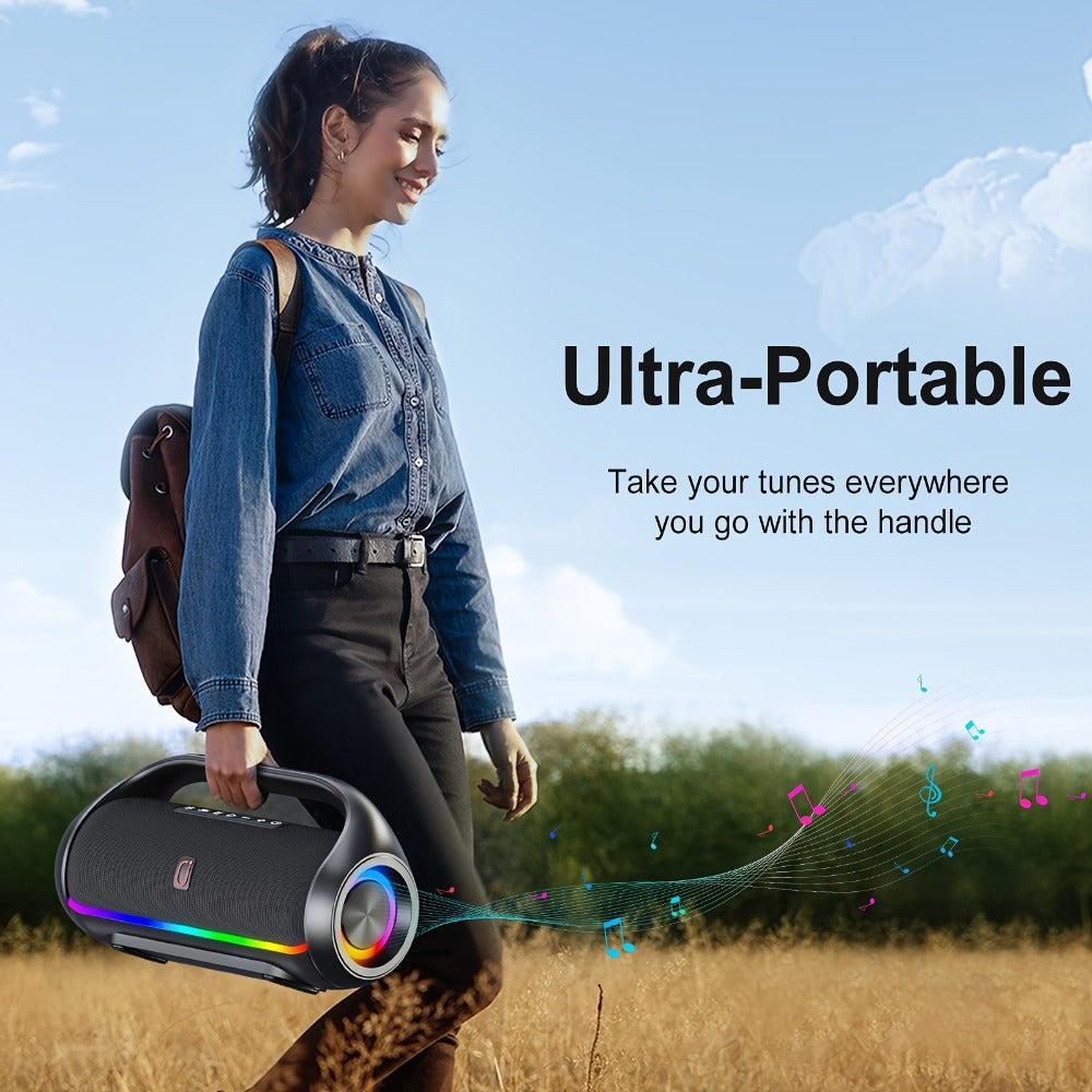 JYX D20 Portable Bluetooth Boombox Speaker with 3D Surround Sound, RGB Disco Lights, Deep Bass Boost, TWS Stereo, 8-10H Playtime, MicroSD USB AUX for Outdoor Party, Camping & Indoor Use