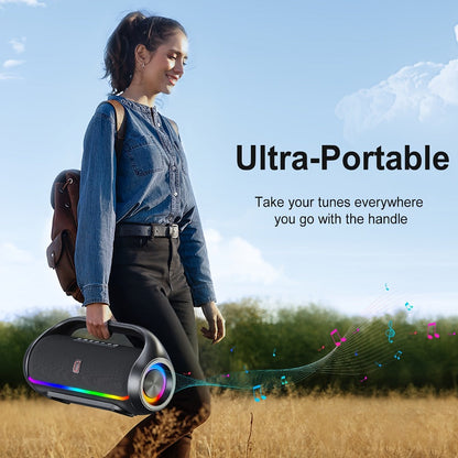JYX D20 Portable Bluetooth Boombox Speaker with 3D Surround Sound, RGB Disco Lights, Deep Bass Boost, TWS Stereo, 8-10H Playtime, MicroSD USB AUX for Outdoor Party, Camping & Indoor Use