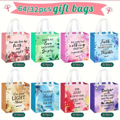 Gift Bag Set Bible Verse Floral Prints, 32 or 64 Non-Woven Handle Bags in Eight Designs, 8.7 x 9 x 4.3 Inch Size