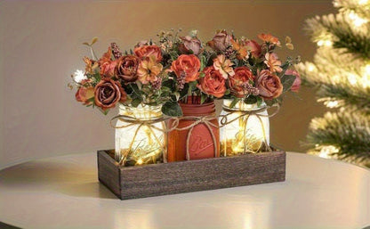 Mason Jar Centerpiece Table Decorations with Wood Tray & LED Lights – 3-Piece Farmhouse Decor Set for Dining Room, Kitchen, Living Room & Bathroom | Holiday Home Decor Gift