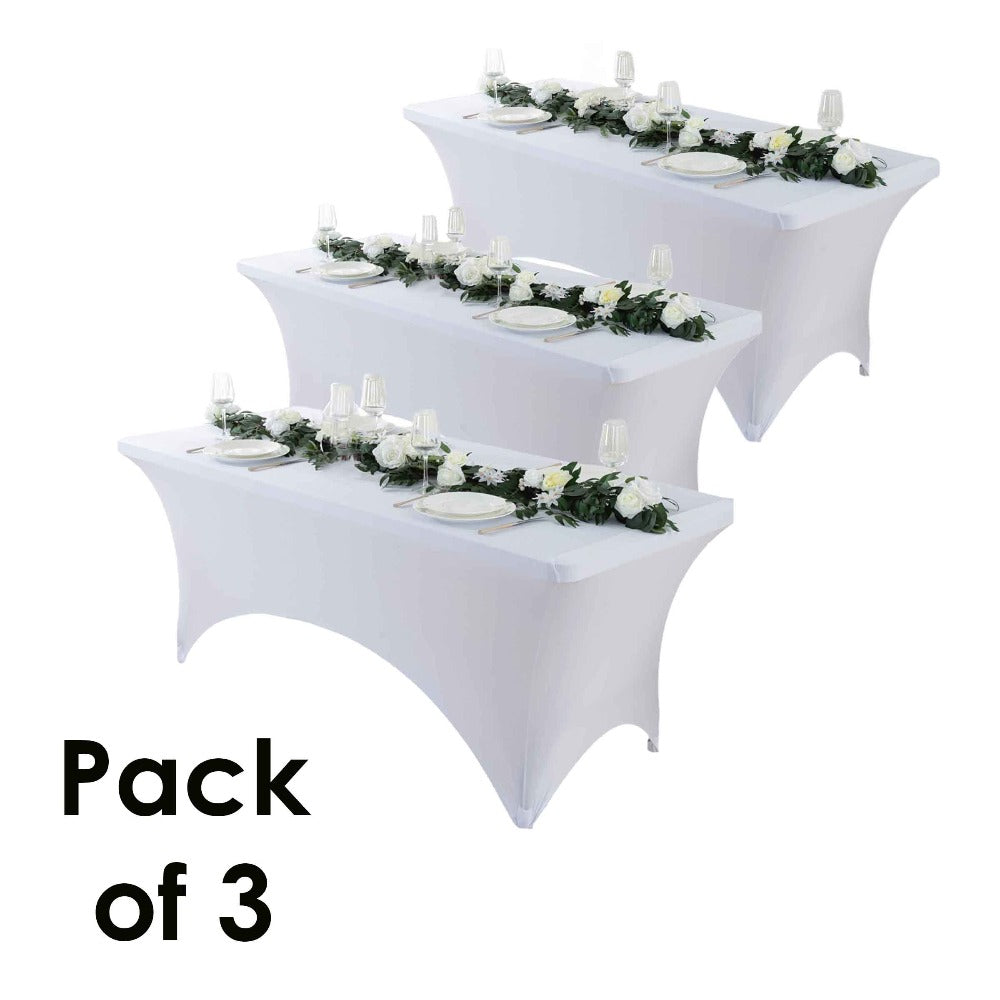 Tablecloth Fitted Stretch Cover Set for 4, 6 or 8-Foot Rectangle Tables in 3 or 5-Piece Packs