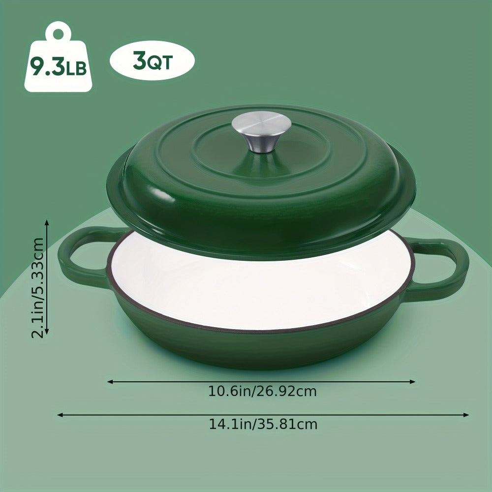 3QT Enameled Cast Iron Dutch Oven Braiser with Shallow Round Body, Fitted Lid and Three Colors