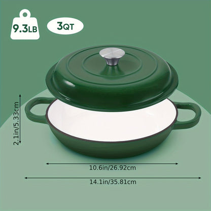 3QT Enameled Cast Iron Dutch Oven Braiser with Shallow Round Body, Fitted Lid and Three Colors
