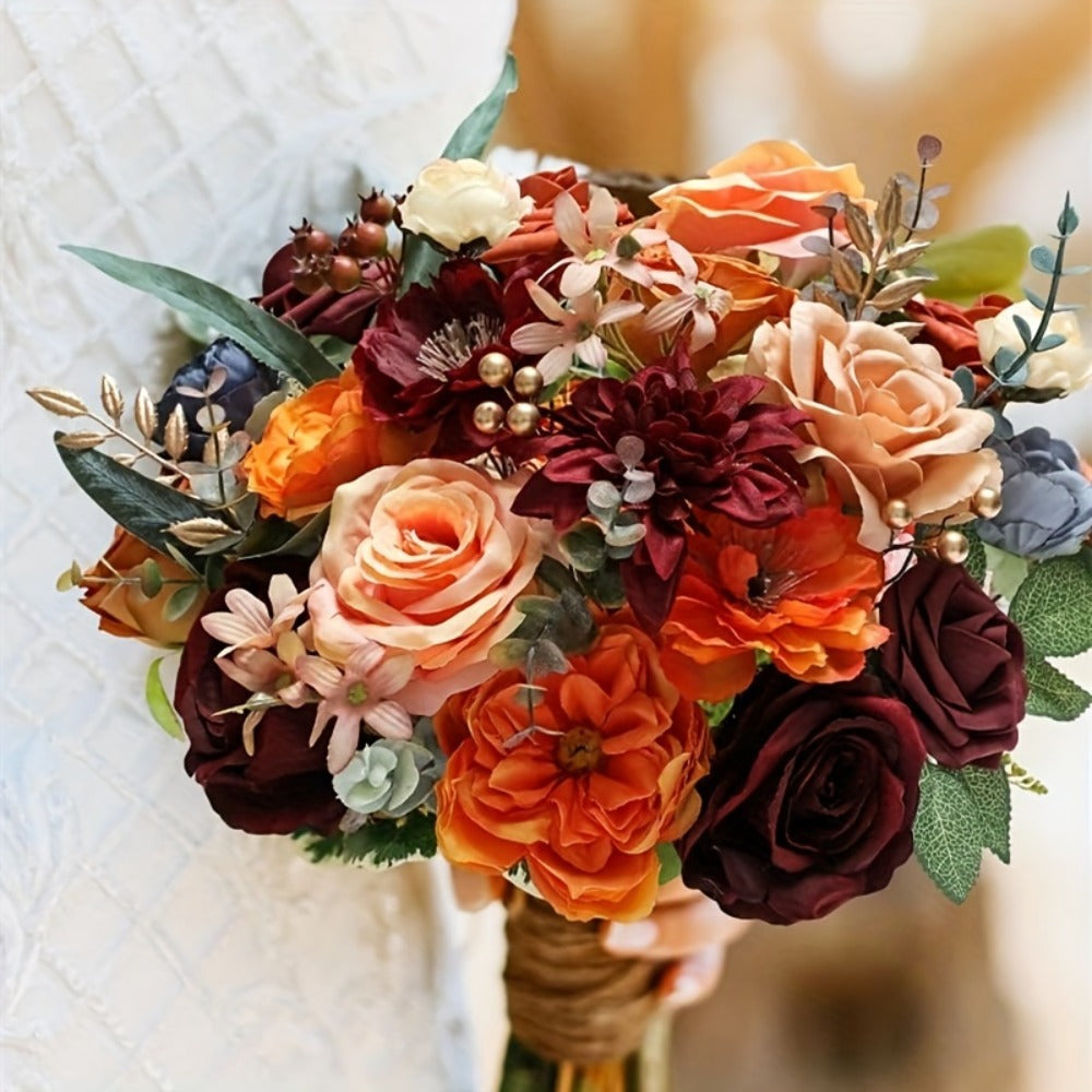Artificial Flowers Bouquet Set – Foam Roses for Wedding, Fall Halloween Valentine's Day Table Decor, Orange Wine Red Blue