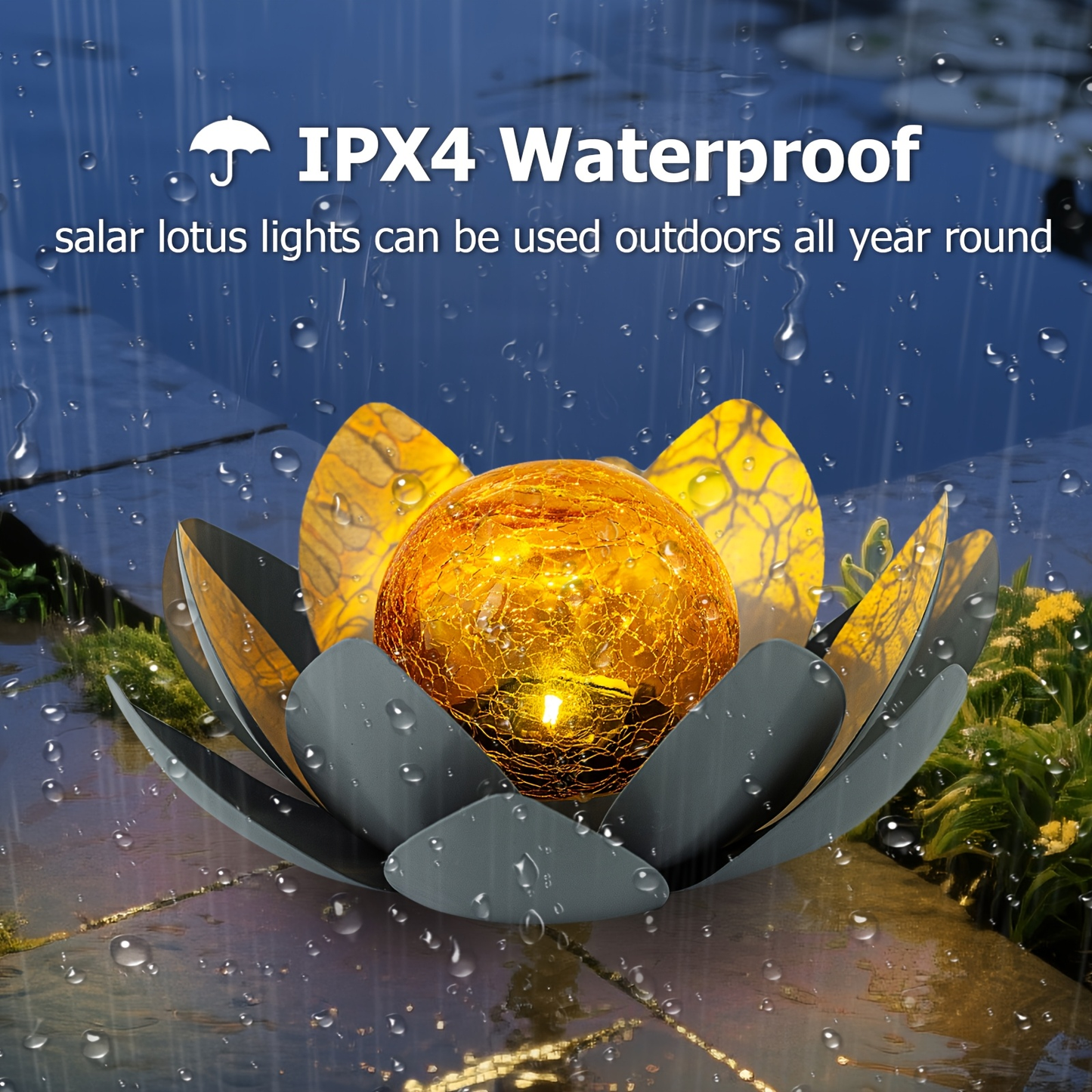 Solar Garden Light Lotus Flower with Cracked Glass Globe, IPX4 Rating and Three Color Options