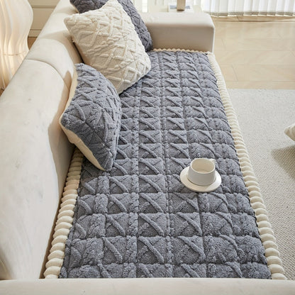 Bohemian Quilted Sofa Cover with Ruffles - 300GSM Shu Velveteen Anti-Slip Pet Friendly Machine Washable Plush Slipcover for Loveseat 3-4 Seater Sectional Sofa, 5 Colors