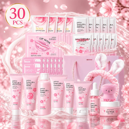 Hyaluronic Acid Sakura Skincare Set 30pcs Gentle Cleansing Deep Moisturizing Hydrating Facial Eye Care with Cleansing Brush Hairband Luxury Gift for Women