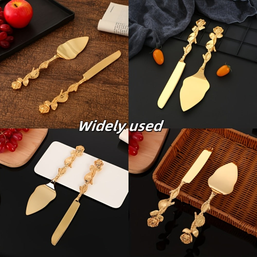 Cake Knife and Spatula Set with Rose Handle – Silver-Plated Dessert Server Gift Box Set for Wedding, Birthday & Party