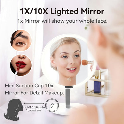 LED Makeup Mirror with Lights & 10X Magnification - Touch Dimming Desktop Vanity Mirror, Adjustable Brightness, Portable Handheld Design for Bathroom, Bedroom & Office, Ideal Gift for Women
