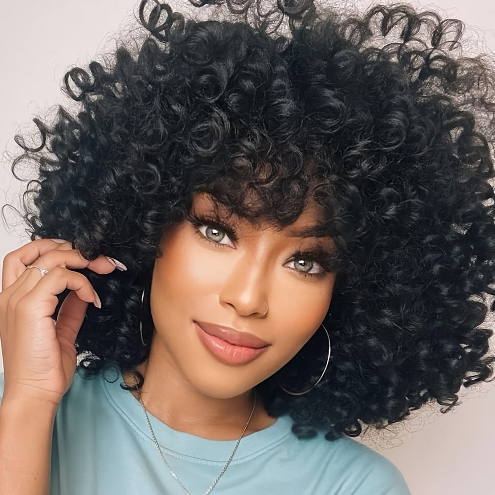 Afro Kinky Curly Wig for Black Women Short Synthetic Hair with Bangs 180% High Density Natural Fluffy Curls Stretch Cap Daily Wear Party Cosplay Fits All Head Sizes