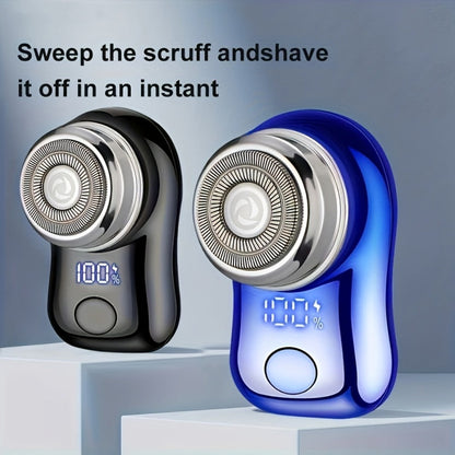 Compact Black Dual-Ring Rotary Electric Razor with Digital Battery Display, USB Cable and Travel-Size Body