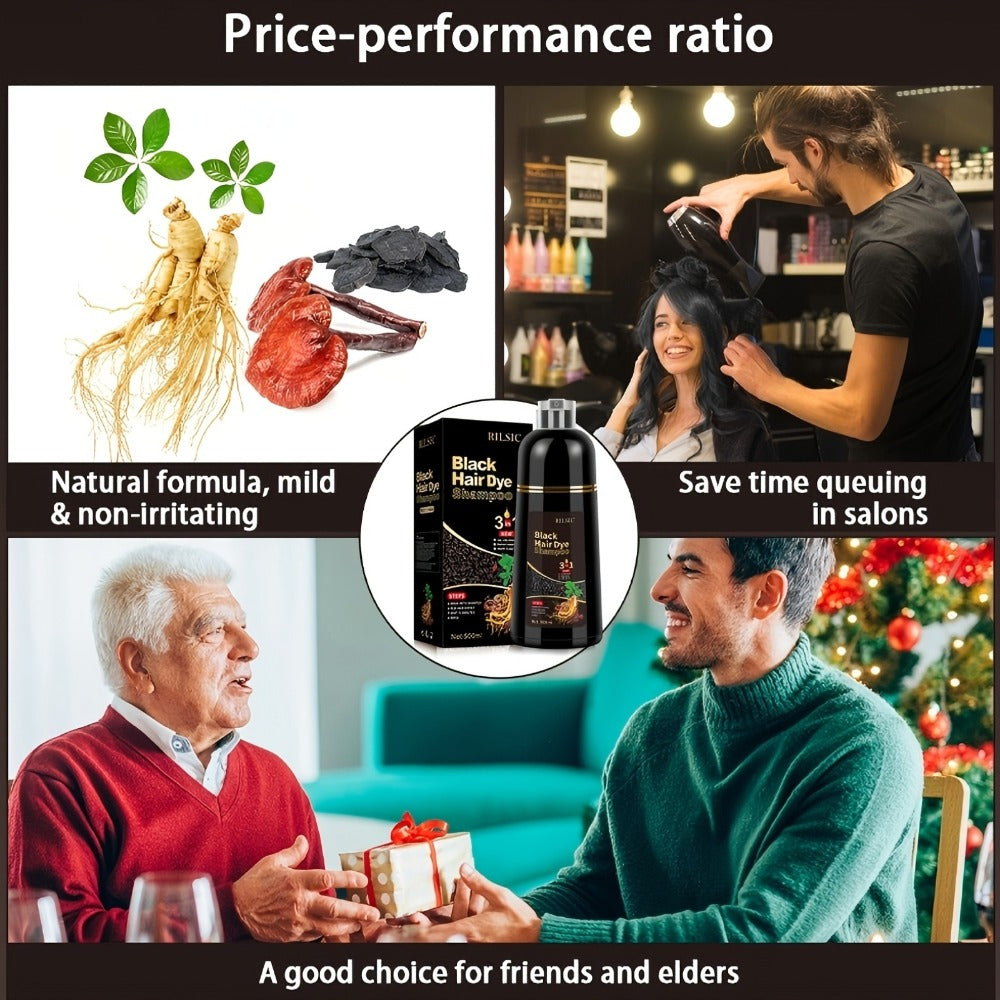 Grey Hair Dye Shampoo 3-in-1 Natural Plant-Based Herbal Formula — Non-Stick Scalp, Covers White Hair in Minutes, 500ml — Black, Dark Brown, Chestnut Brown for Men & Women