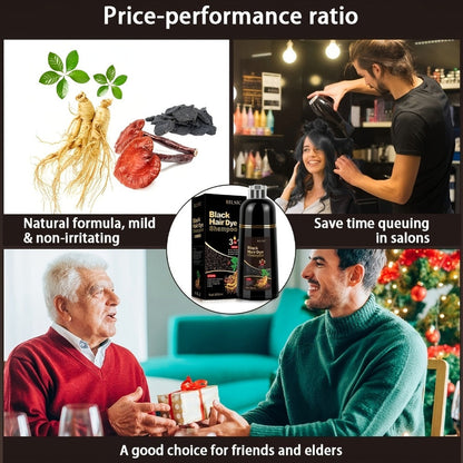 Grey Hair Dye Shampoo 3-in-1 Natural Plant-Based Herbal Formula — Non-Stick Scalp, Covers White Hair in Minutes, 500ml — Black, Dark Brown, Chestnut Brown for Men & Women
