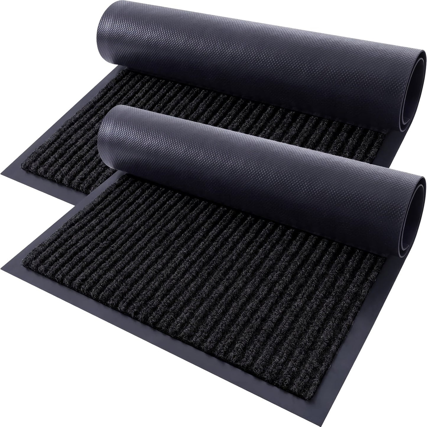 Two-Piece Ribbed Entry Door Mat Set in Black, Brown or Dark Gray with Three Exact Size Options