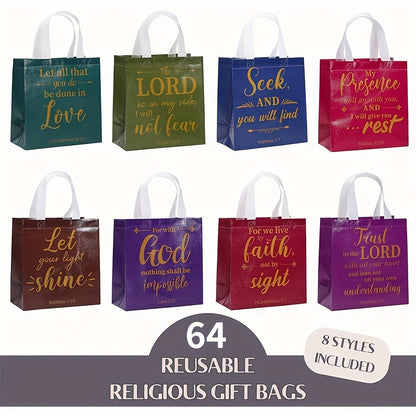Bible Verse Gift Bags Bulk 32 or 64pcs | 8 Colors Reusable Christian Religious Gift Bags with Handles for Women | Medium Non-Woven Church Bags for Baptism, Wedding, Party Supplies, VBS, Faith Events