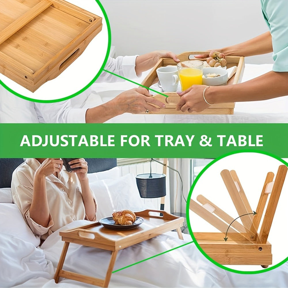 Bamboo Breakfast Tray with Folding Legs & Handles 2 Pack – Extra Wide Foldable Bed Tray Table for Eating, Working & Drawing on Sofa or Bed, Food-Safe Natural Bamboo with 10 Paper Plates
