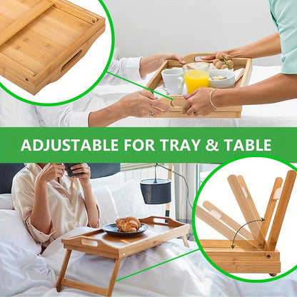 Bamboo Breakfast Tray with Folding Legs & Handles 2 Pack – Extra Wide Foldable Bed Tray Table for Eating, Working & Drawing on Sofa or Bed, Food-Safe Natural Bamboo with 10 Paper Plates