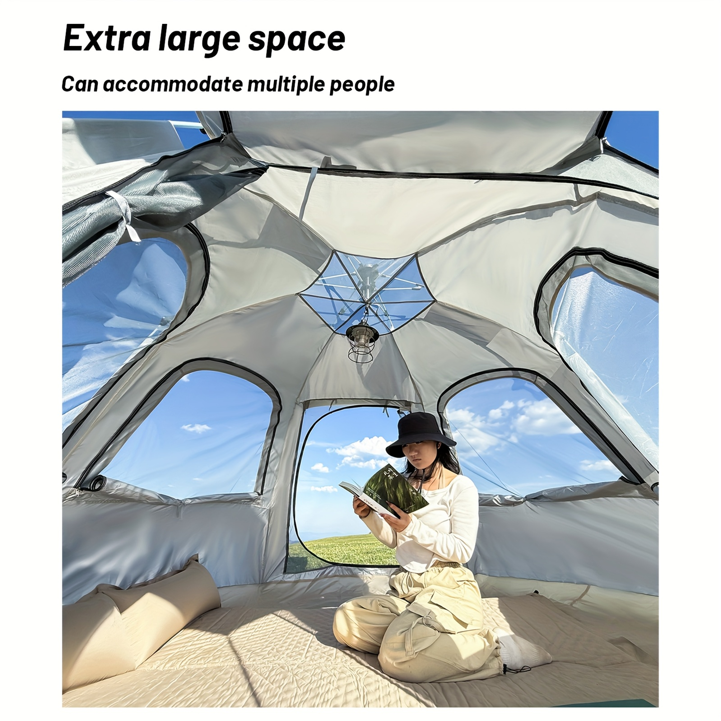 Camping Tent 4-6 Person Hexagonal Quick-Open Oxford Shelter with Vestibule and Included Stakes