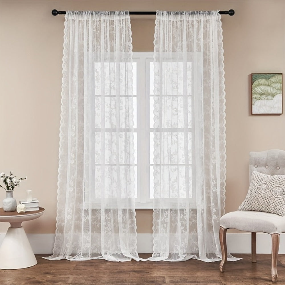 Two-Panel Floral Lace Window Curtain Set with Rod-Pocket Top, Three Colors and Six Metric Size Options
