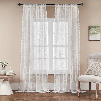 Two-Panel Floral Lace Window Curtain Set with Rod-Pocket Top, Three Colors and Six Metric Size Options