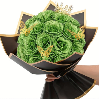 Glitter Roses Bouquet 24/36pcs - Everlasting Artificial Roses with Sparkling Glitter Petals for Valentine's Day, Wedding & Anniversary