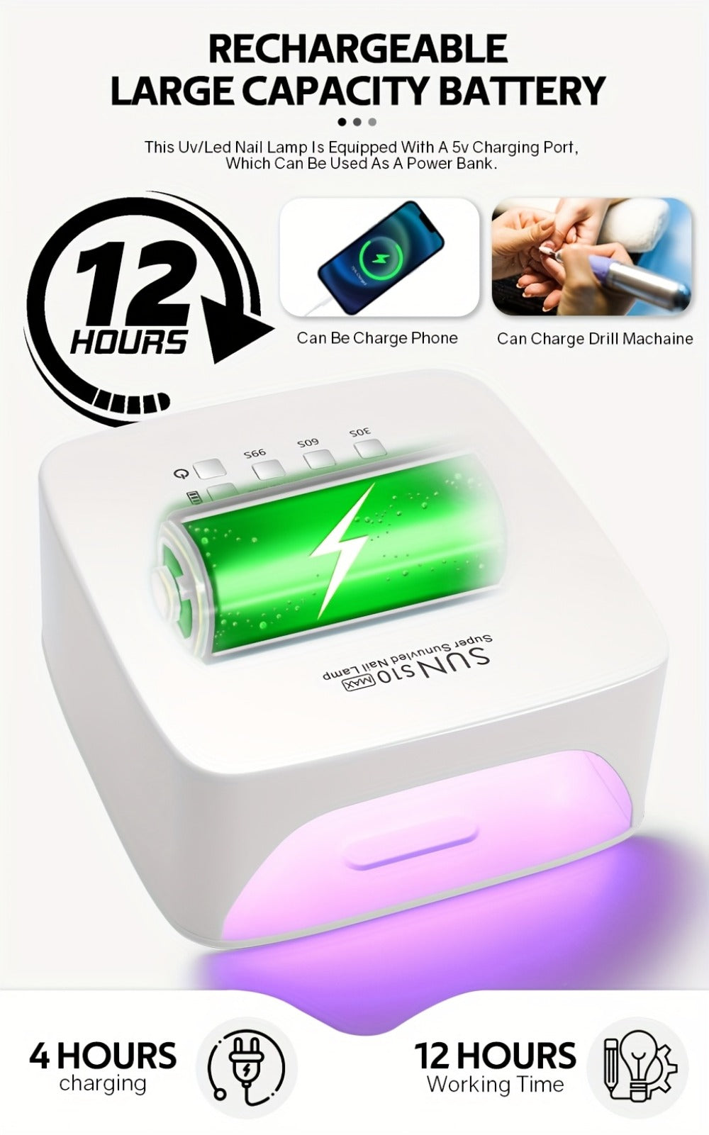 Wireless 30-Bead UV LED Nail Lamp in White with Three Timer Settings and SUN-S10MAX Model Label