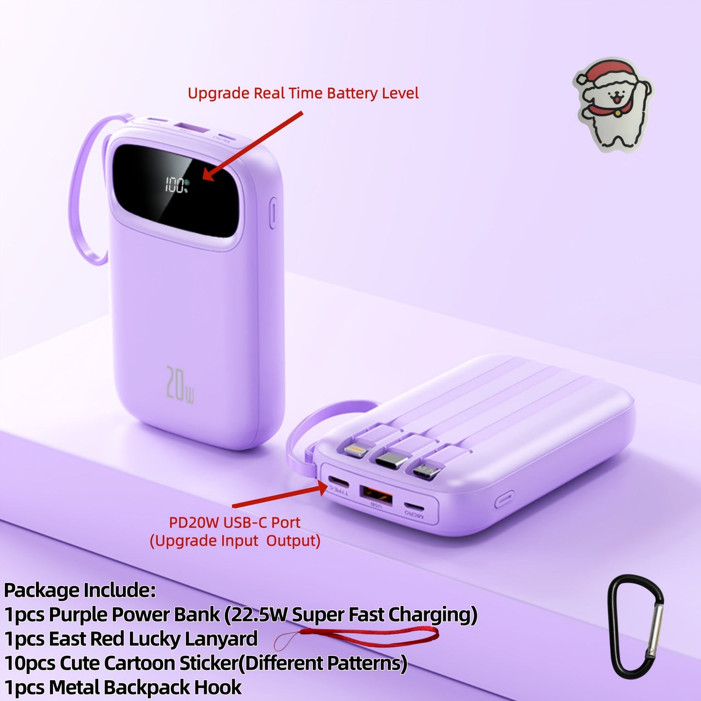 Power Bank 10000mAh with Three Built-In Cables, 5W/15W/22.5W Options, Digital Display and Lanyard