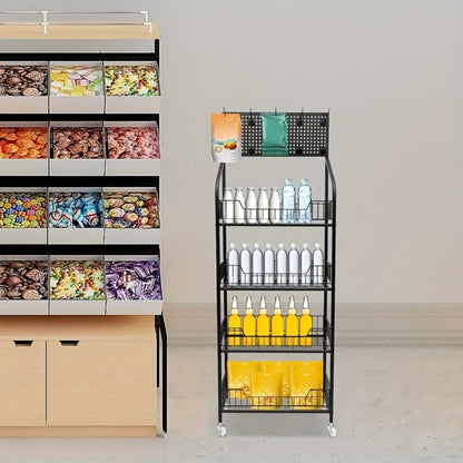 Four-Tier Rolling Display Rack with Wire Basket Shelves, Top Sign Panel and Exact 55 by 24 by 11 Option