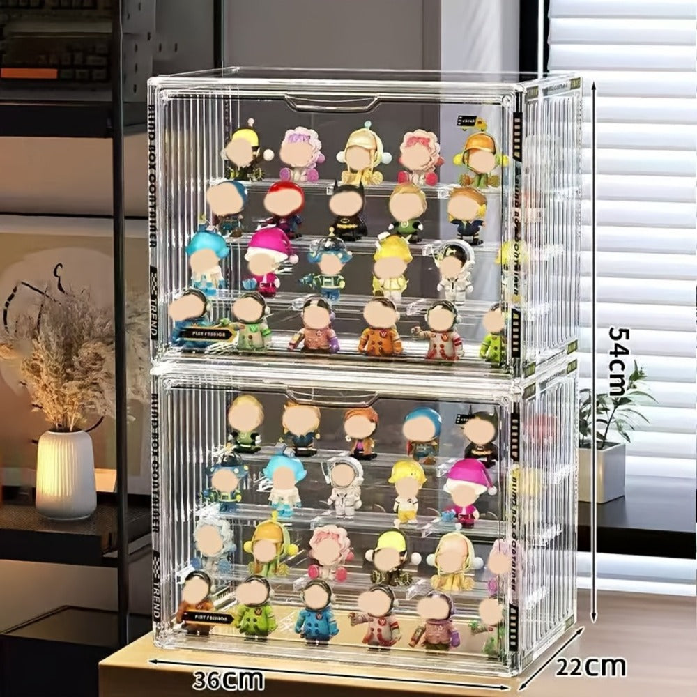 Clear Acrylic Figure Display Case with Magnetic Door, Adjustable Dividers and 3- or 4-Tier Options