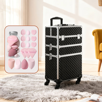 Rolling Makeup Train Case 3-in-1 Large Capacity Professional Cosmetic Trolley Swivel Wheels Lock Key Sponge Set Included Salon Barber Artist Travel Cart Trunk Black Pink