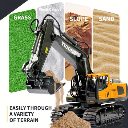 RC Excavator Toy 1:24 Scale 2.4GHz 9-Channel Remote Control with Alloy Metal Cap Lights & Sound Rechargeable Battery
