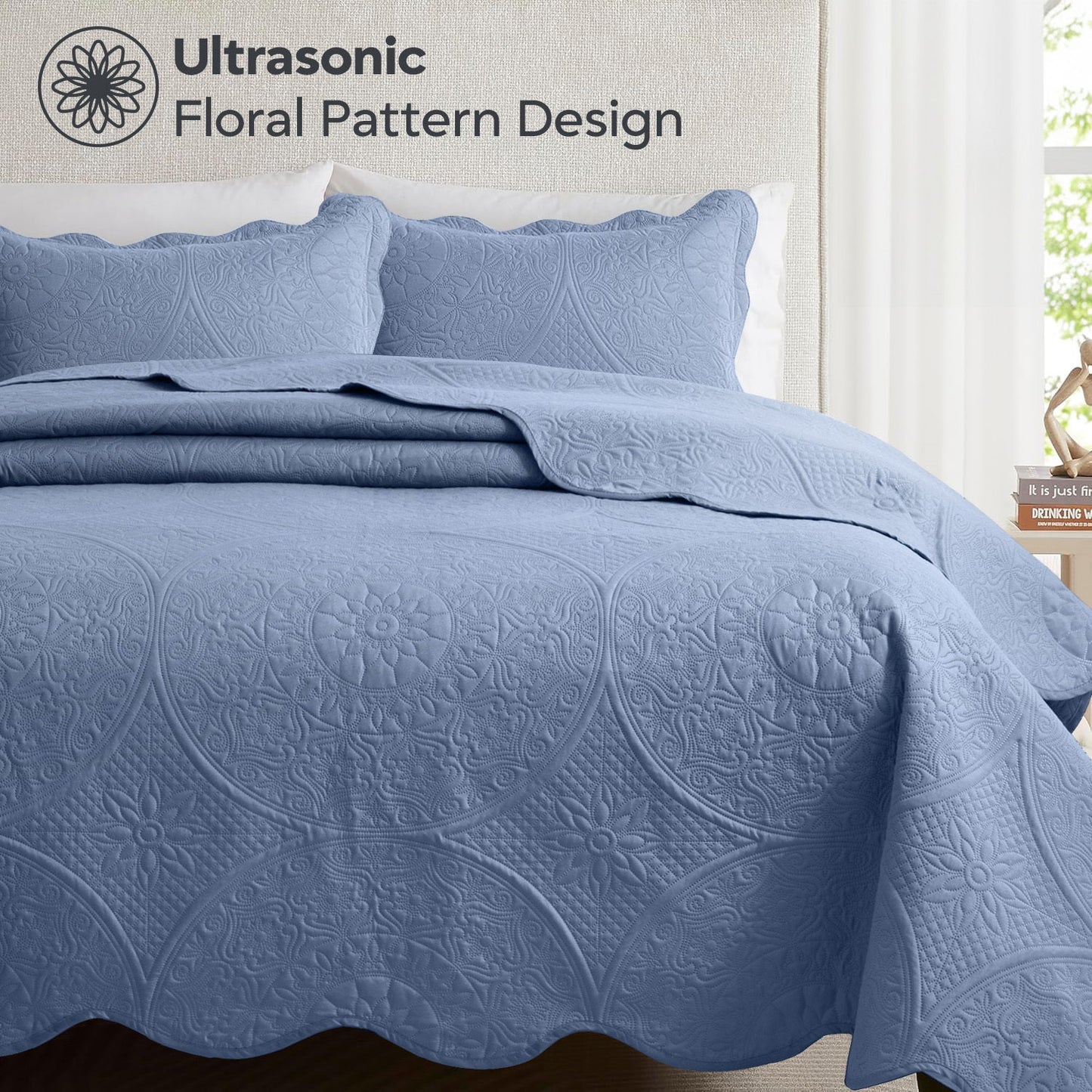 Quilted Bedspread Set 3 Piece – Soft Floral Coverlet with Pillow Shams, Lightweight Breathable Quilt for Bedroom & Guest Room, All Season Bed Cover