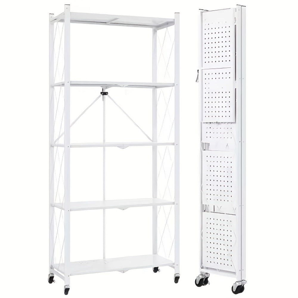 Three-to-Five-Tier Folding Storage Rack with Metal Shelves, Caster Wheels and Black or White Finish