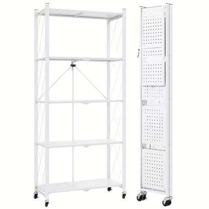 Three-to-Five-Tier Folding Storage Rack with Metal Shelves, Caster Wheels and Black or White Finish