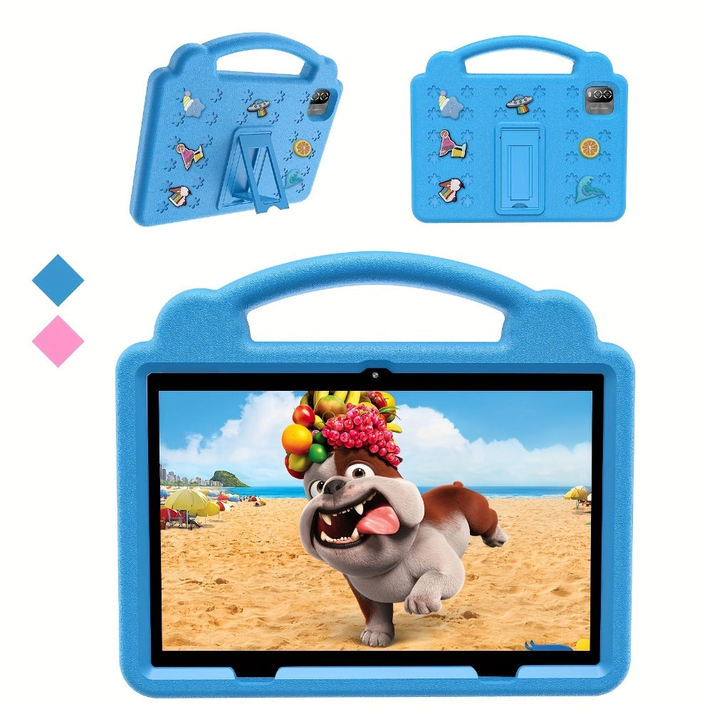 10.1 Inch Kids Tablet Android 15 12GB RAM 64GB ROM Children Educational Tablet with Protective Case Handle Dual Cameras Wi-Fi Parental Controls Pre-Installed Apps Games Toddlers Ages 3-12 Blue Pink