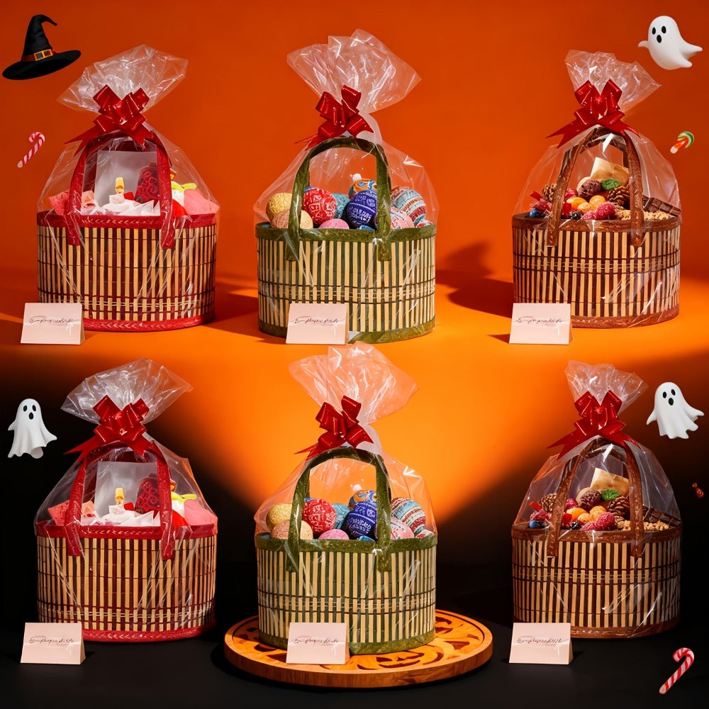 Bamboo Storage Baskets 6-Pack in Oval or Round Shapes with Nine Color and Shape Variants for Home Organization