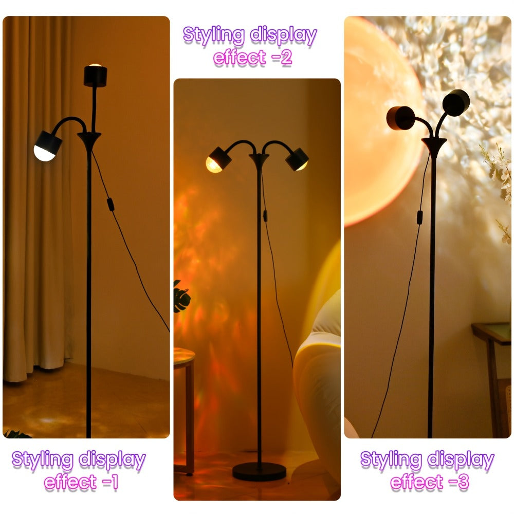 Black Dual-Head Floor Projector Lamp with Two Adjustable Spot Heads, Remote and Color Discs